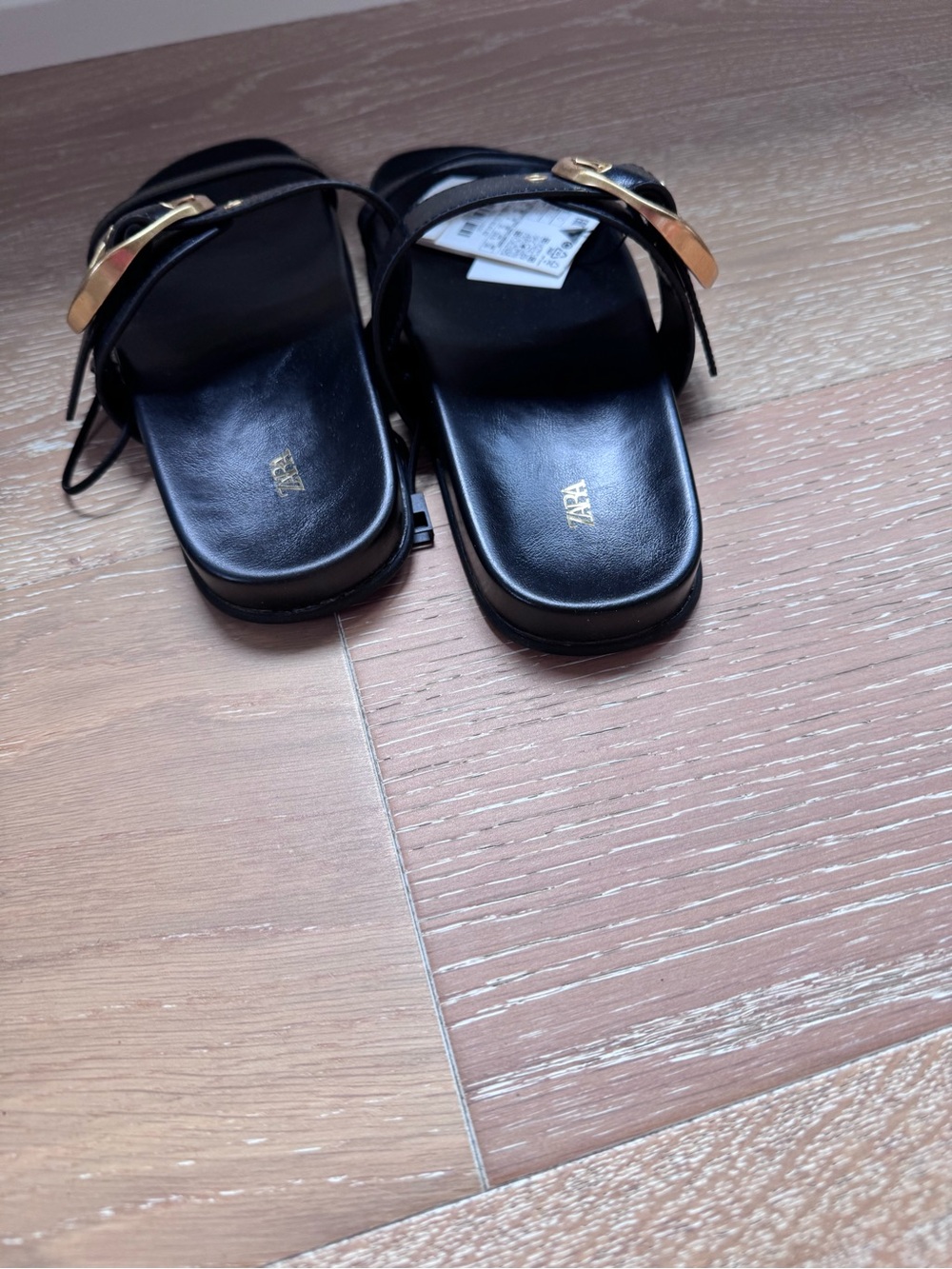 ZARA Black Slide Sandals with Oversized Gold Buckle - Picture 3 of 5